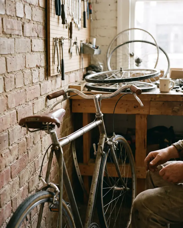 A vintage steel bicycle against a brick wall in a repair workshop, tools on a pegboard and wheels stacked on the workbench