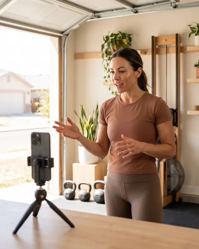 A woman in a brown workout top talking to a phone on a tripod in a garage gym, kettlebells on the floor behind her