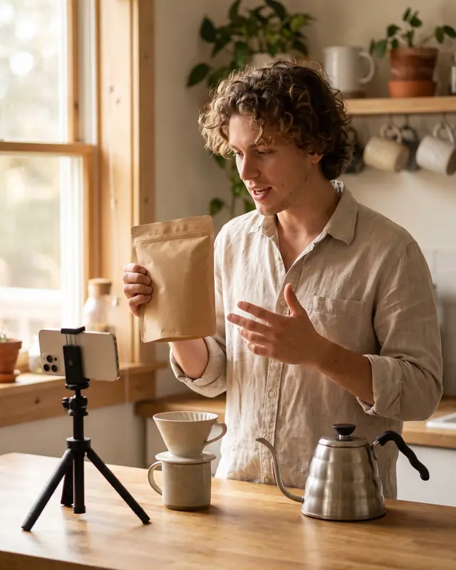 A curly-haired man holding up a kraft coffee bag and talking to a phone on a small tripod, a pour-over and a gooseneck kettle on the counter