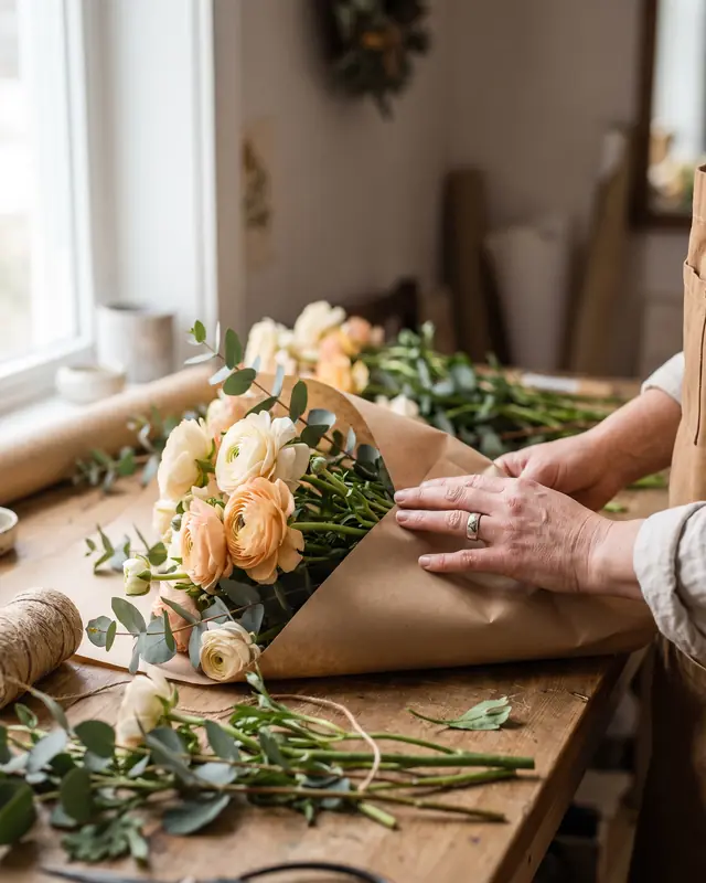 Hands wrapping a bouquet of peach and cream ranunculus in brown paper on a wooden workbench, loose stems and twine beside it
