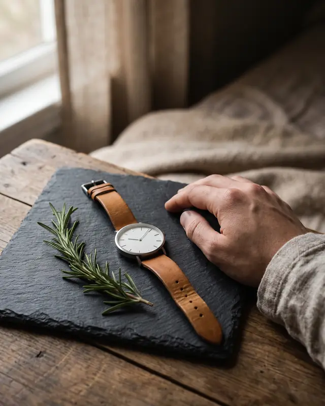 A wristwatch with a plain white dial and a tan leather strap on a slate board beside a sprig of rosemary, a hand resting at its edge
