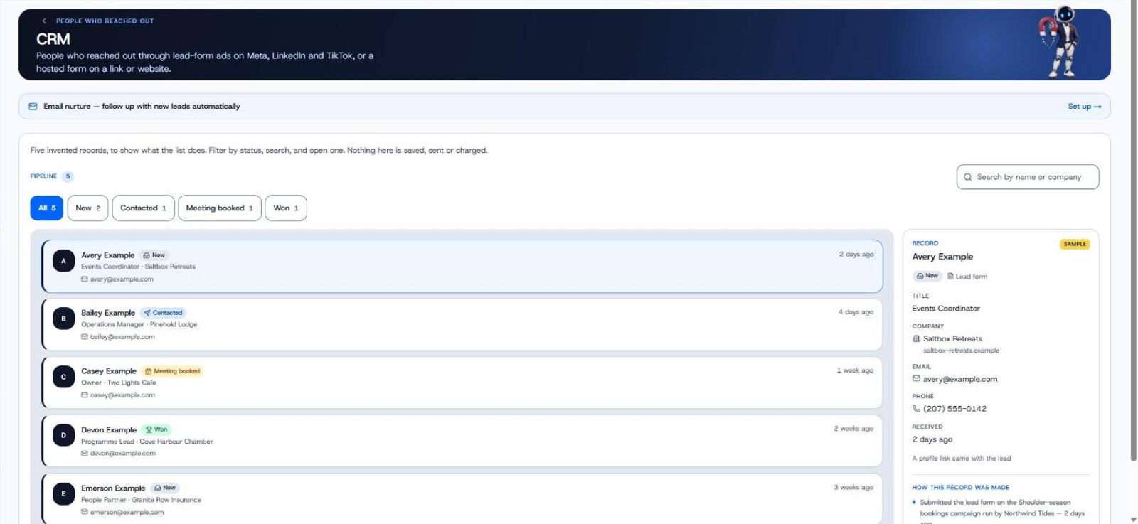 The PostFuse lead list, with leads captured from lead forms
