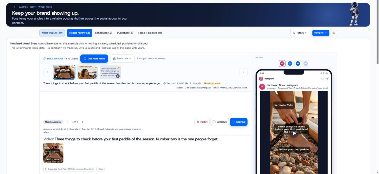 The PostFuse Social Autopilot board, with drafted posts waiting for review before they publish